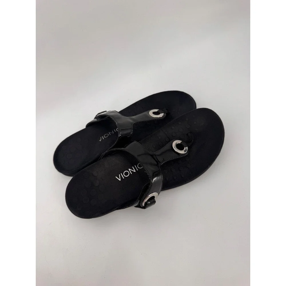 Vionic Lana Sandals Women Size 9 Black Patent Orthopedic Thong Flip Flops